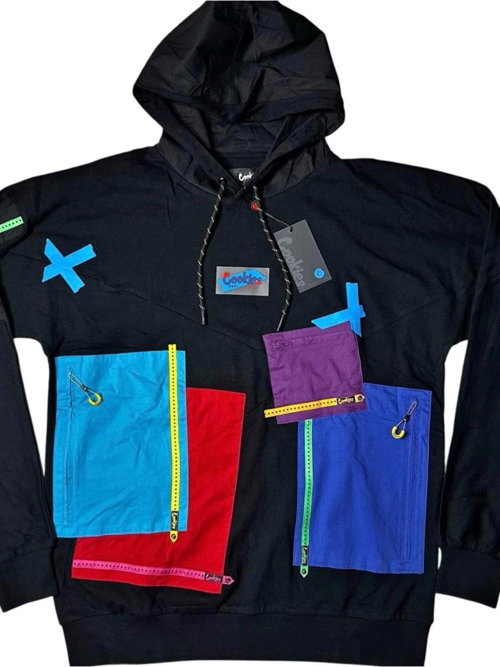 Cookies Black Hooded Pullover with Multicolor Patch Pockets